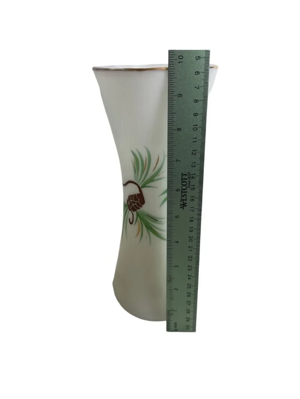 Vintage Consolidated Glass White Satin Vase Hand Painted Pinecone Gold Rim 9.75
